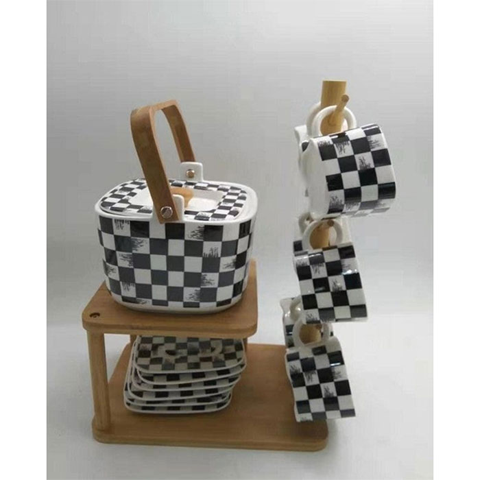 Ceramic Tea Set With Wooden Tray &Amp; Saucers