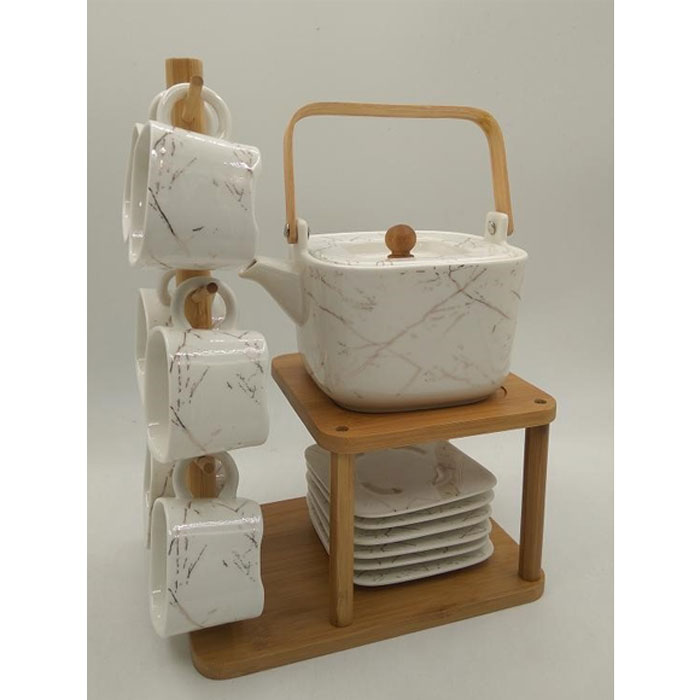 Ceramic Tea Set With Wooden Tray &Amp; Saucers