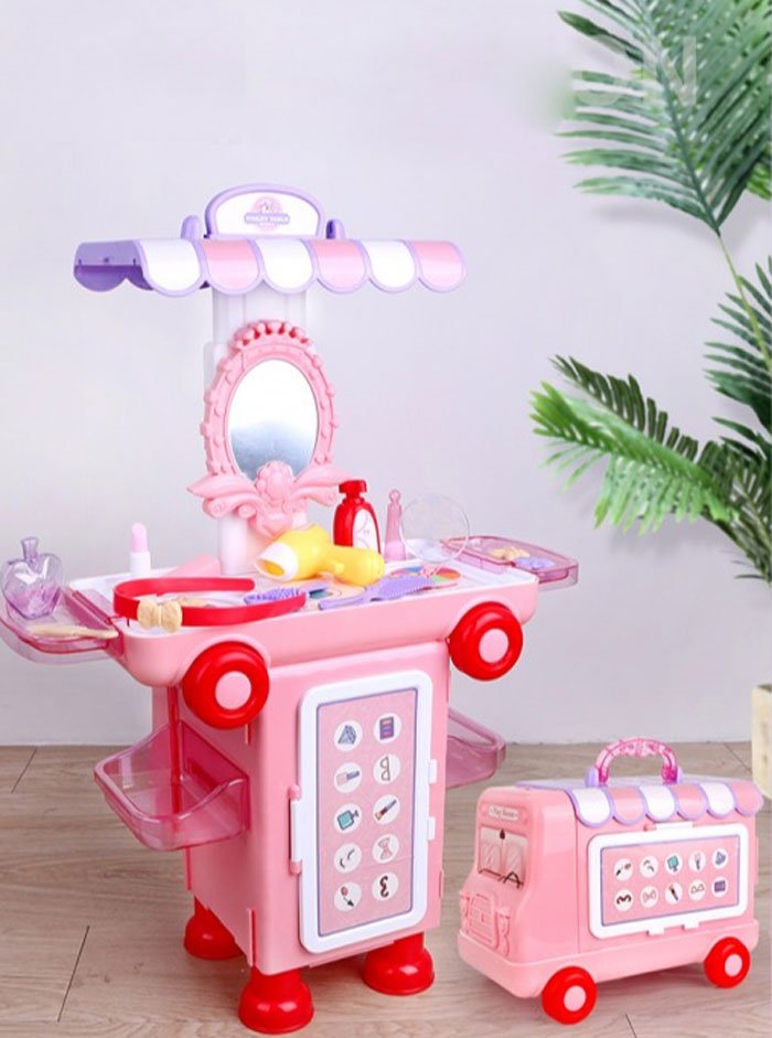 2 IN 1 Pretend Play House Toilet Table Mobile Makeup Beauty Cartoon Bus