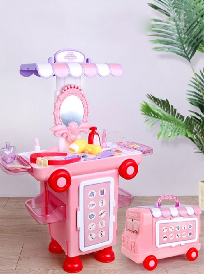 2 In 1 Pretend Play House Toilet Table Mobile Makeup Beauty Cartoon Bus