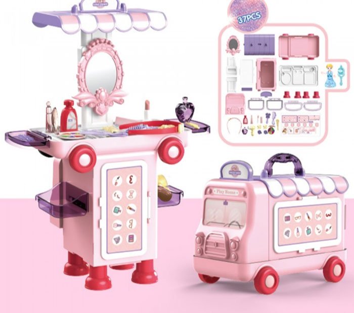 2 In 1 Pretend Play House Toilet Table Mobile Makeup Beauty Cartoon Bus