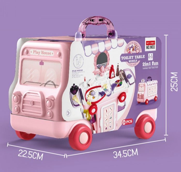 2 In 1 Pretend Play House Toilet Table Mobile Makeup Beauty Cartoon Bus