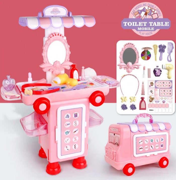 2 In 1 Pretend Play House Toilet Table Mobile Makeup Beauty Cartoon Bus