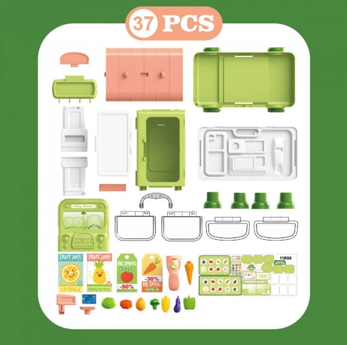2 In 1 Pretend Play House Super Market 37 Pcs Cartoon Bus