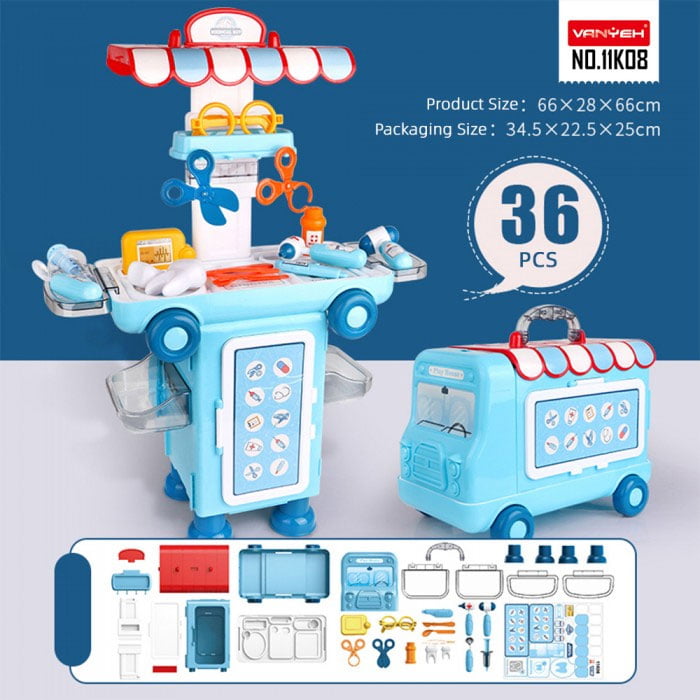 2 In 1 Pretend Play Medical Kit Mobile 36 Pcs Cartoon Bus