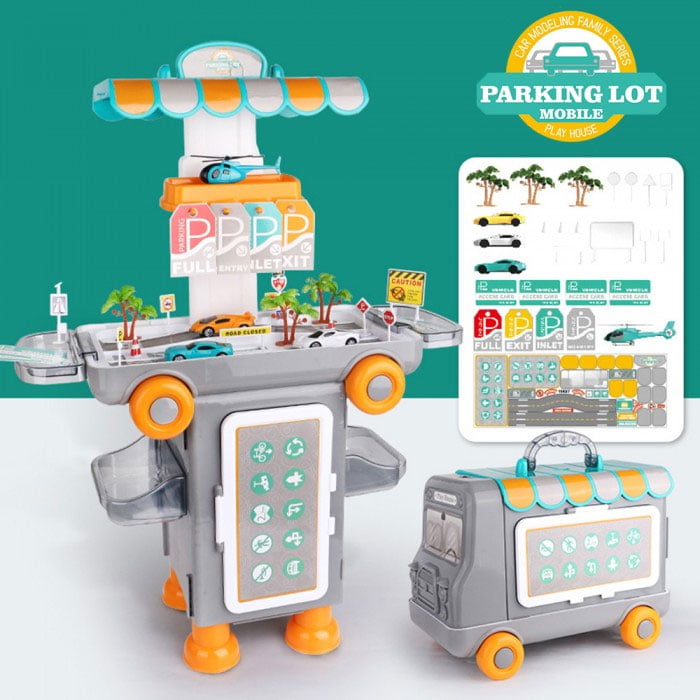 2 In 1 Pretend Play Parking Lot Mobile 47 Pcs Cartoon Bus