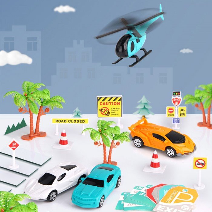 2 In 1 Pretend Play Parking Lot Mobile 47 Pcs Cartoon Bus