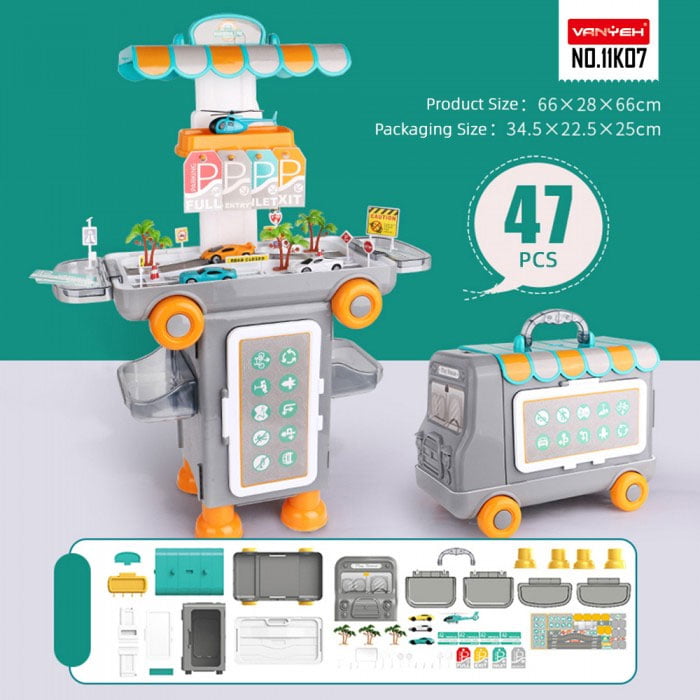 2 In 1 Pretend Play Parking Lot Mobile 47 Pcs Cartoon Bus