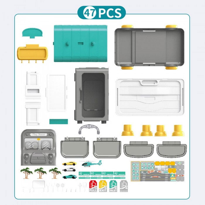 2 In 1 Pretend Play Parking Lot Mobile 47 Pcs Cartoon Bus