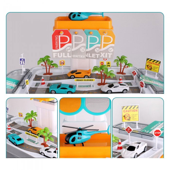 2 In 1 Pretend Play Parking Lot Mobile 47 Pcs Cartoon Bus
