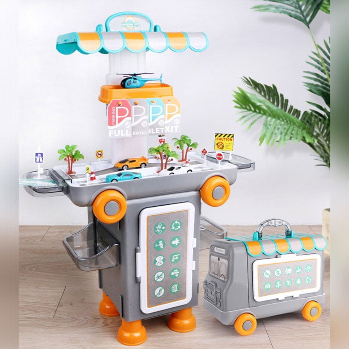 2 In 1 Pretend Play Parking Lot Mobile 47 Pcs Cartoon Bus