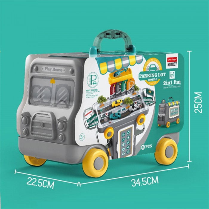 2 In 1 Pretend Play Parking Lot Mobile 47 Pcs Cartoon Bus