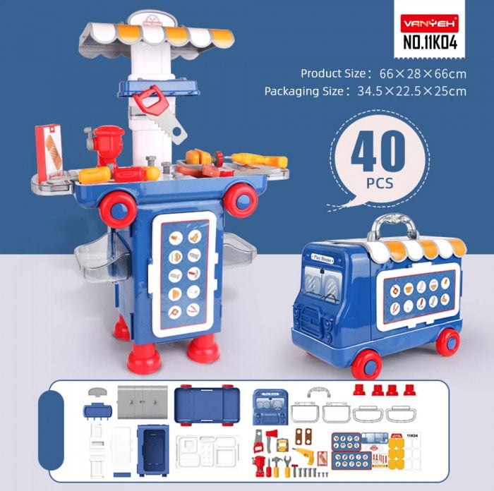 2 In 1 Pretend Play Tool Table Mobile 40 Pcs Cartoon Bus