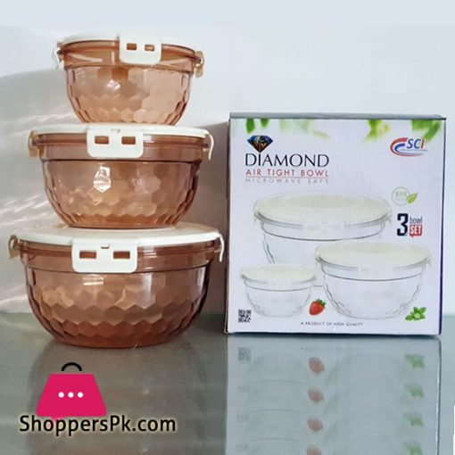 Diamond Plastic Transparent Air-Tight Bowl Set 3 Pcs