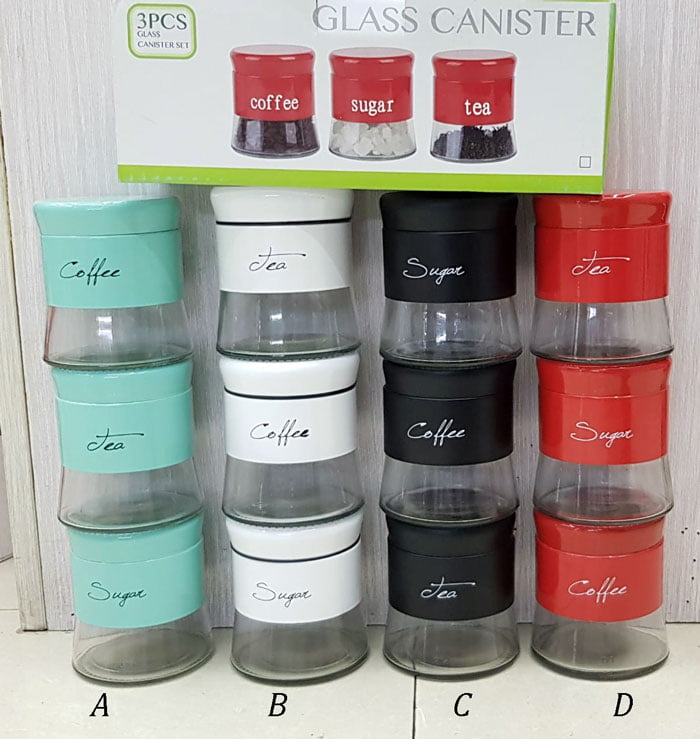 Glass Canisters Set 3 Pcs Coffee Tea And Sugar