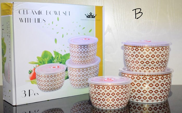 Imperial Collection Ceramic Bowl Set With Lids - 3 Pcs