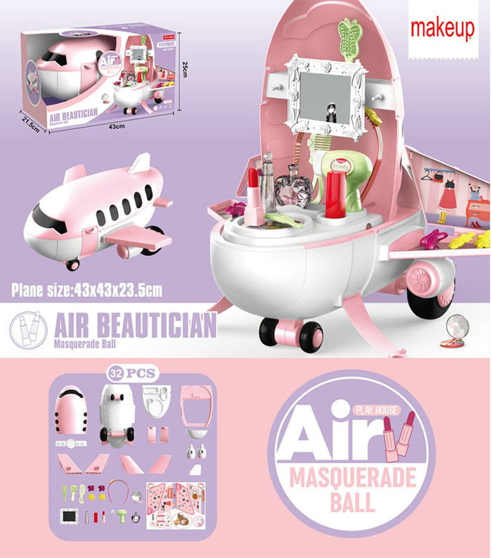 Pretend Play Kids Airplane 2 In 1 Kids Toys Makeup Beautician 32 Pcs Play Set