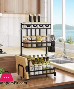 3 Tier Stainless Steel Kitchen Spice Rack Countertop Standing Organizer with 3 Hooks Black