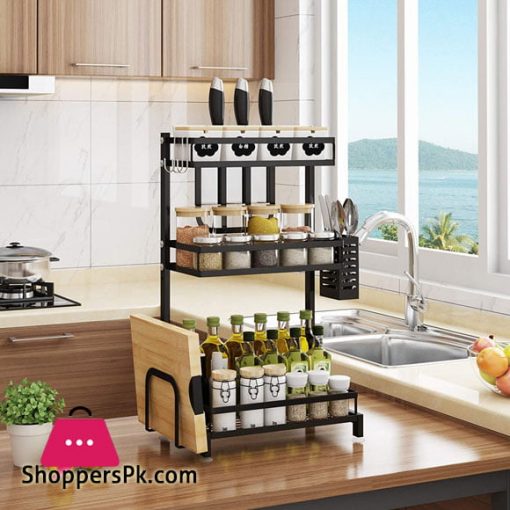 3 Tier Stainless Steel Kitchen Spice Rack Countertop Standing Organizer with 3 Hooks Black