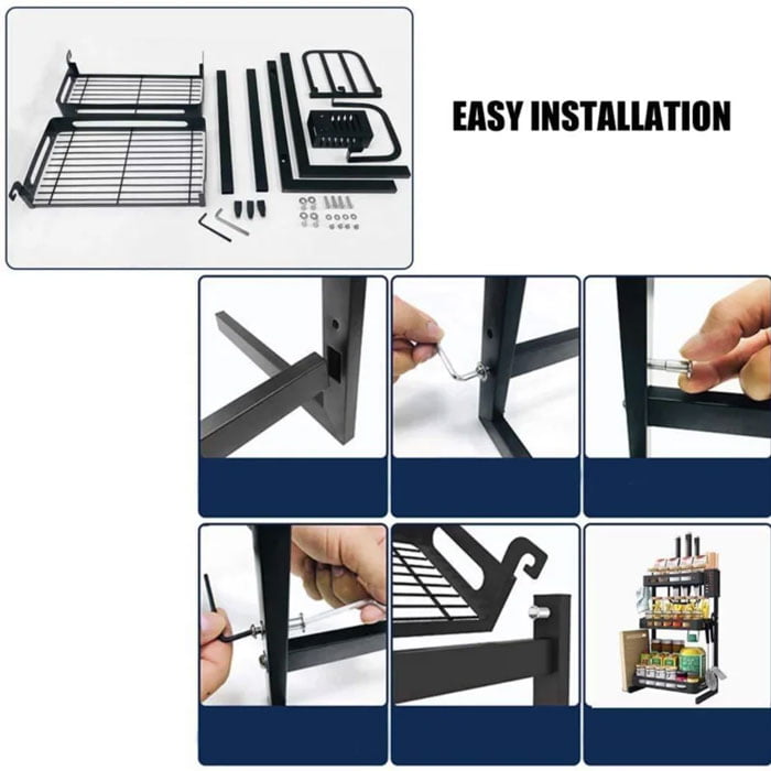 3 Tier Stainless Steel Kitchen Spice Rack Countertop Standing Organizer With 3 Hooks Black