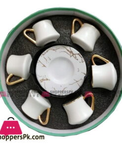 Angela Ceramic Tea Cup Coffee Cup Set with Saucer European Golden Hand Cup Saucer Set of 6 Pcs White