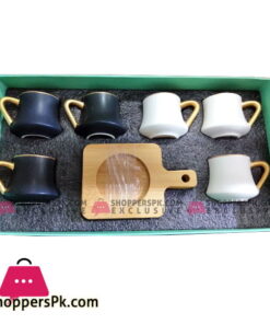 Angela Ceramic Tea Cup Coffee Cup Set with Wooden Saucer European Golden Hand Cup Saucer Set of 6 Pcs Black N White