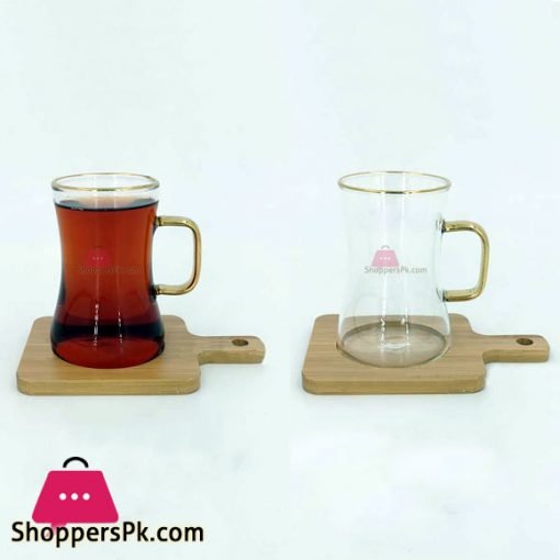 Angela Transparent Tea Cup Coffee Cup Set with Wood Saucer European Golden Hand Cup Saucer Set of 6 Pcs DIP51