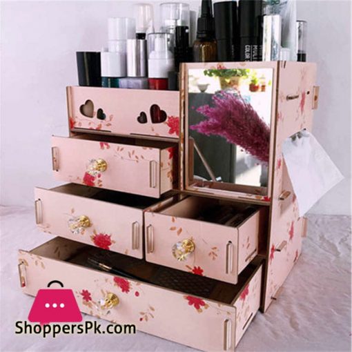 DIY Multifunctional Wooden Cosmetic Organizer Makeup Storage Box Mirror Desktop Drawer Cosmetic Case