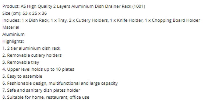 Dish Rack Aluminum Non Rusted Hs-W1001