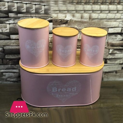 4 Pcs Tin Canister Set 3 Jar With Bread Box