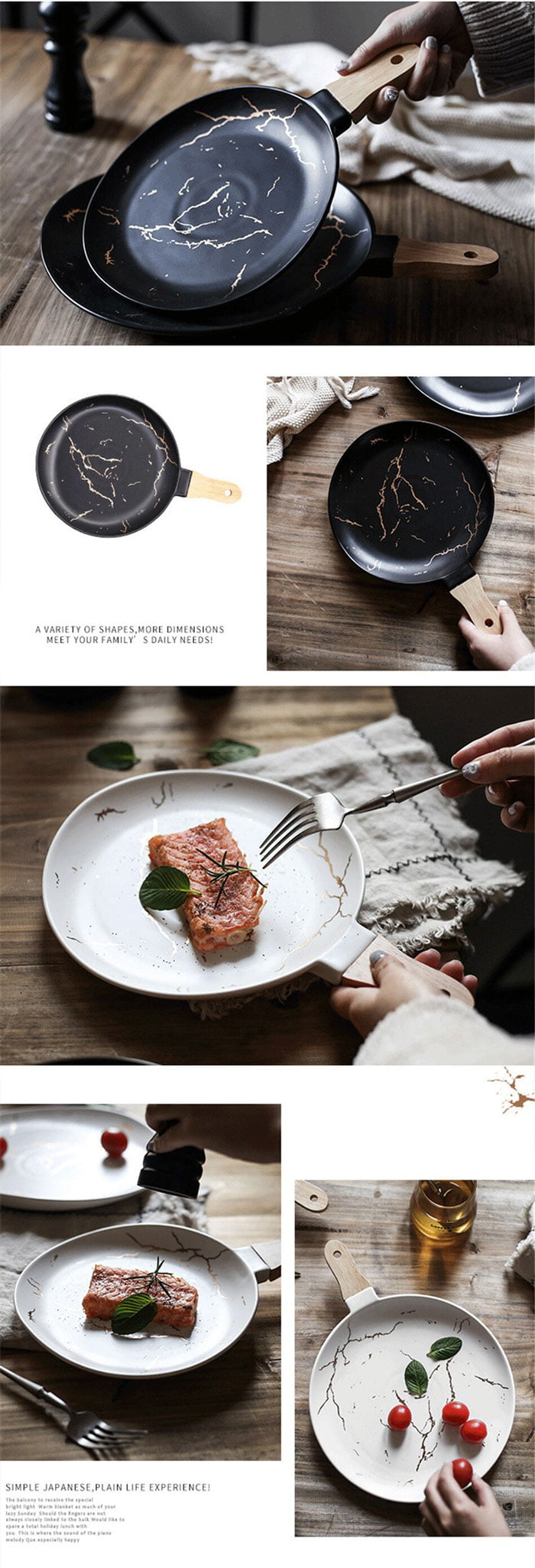 Creative Marble Ceramic Western Wood Handle Pizza, Dessert , Cake , Steak , Pasta Disc Plate 12-Inch