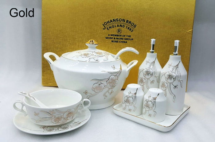 Johanson Bros England 26 Pcs Soup Set Bone China Round Silver &Amp; Gold