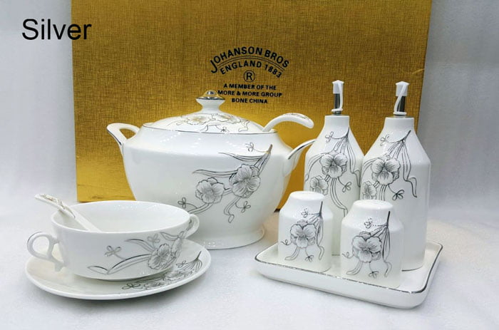 Johanson Bros England 26 Pcs Soup Set Bone China Round Silver &Amp; Gold