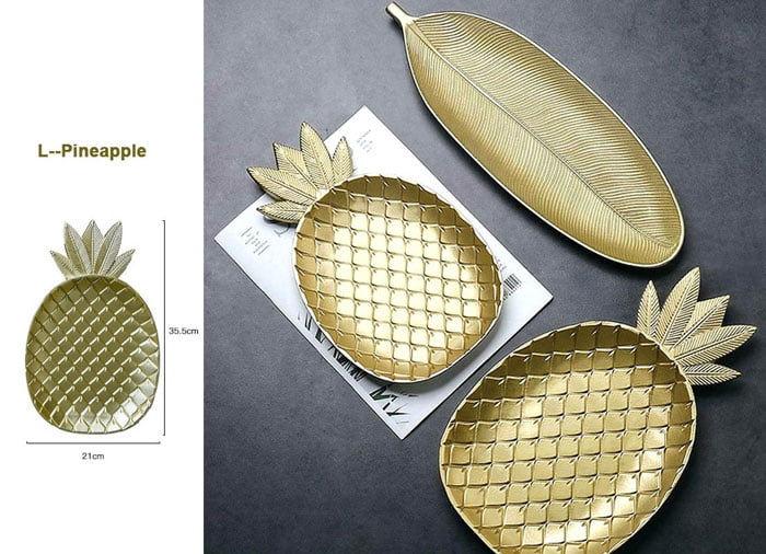 Wooden Gold Pineapple Shape Snack Fruit Tray Bowl Home Decor 14 Inch