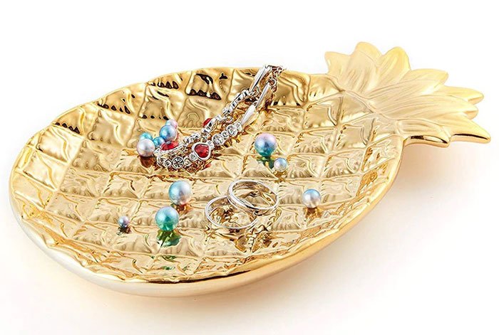 Wooden Gold Pineapple Shape Snack Fruit Tray Bowl Home Decor 14 Inch