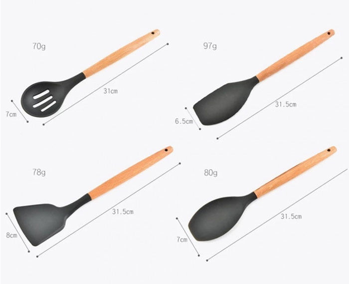 Silicone Kitchen Accessory Set With 12-Piece Storage Bucket (Wood + Silicone)