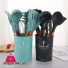 Silicone Kitchen Accessory Set with 12-Piece Storage Bucket (Wood + Silicone)