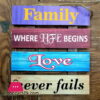 Wooden Wall Hanging Board Plaque Sign (Family Where Life Begins Love Never Fails) 8 X 8 Inch