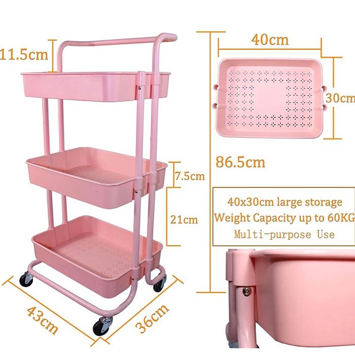 3-Tier Polycarbonate Storage Rolling Cart With Utility Handle Kitchen Carts On Wheels, 360-Degree Rotation Trolley Cart, Shelving Unit For Garage Kitchen Bathroom Bedroom Office,