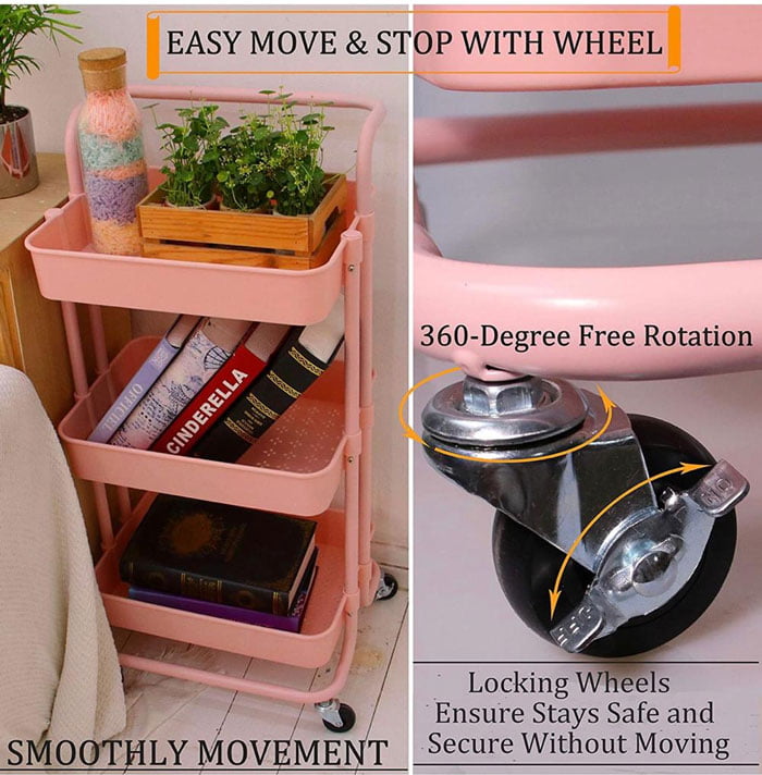 3-Tier Polycarbonate Storage Rolling Cart With Utility Handle Kitchen Carts On Wheels, 360-Degree Rotation Trolley Cart, Shelving Unit For Garage Kitchen Bathroom Bedroom Office,