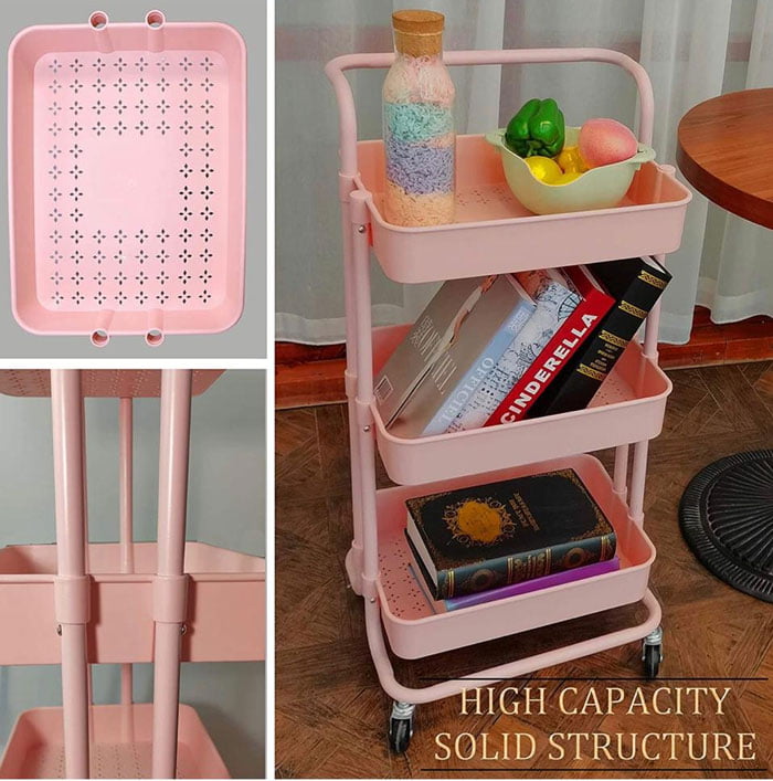 3-Tier Polycarbonate Storage Rolling Cart With Utility Handle Kitchen Carts On Wheels, 360-Degree Rotation Trolley Cart, Shelving Unit For Garage Kitchen Bathroom Bedroom Office,