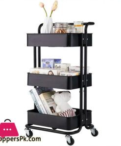 3-Tier Metal Storage Rolling Cart with Utility Handle Kitchen Carts On Wheels 360-Degree Rotation Trolley Cart, Shelving Unit for Garage Kitchen Bathroom Bedroom Office,