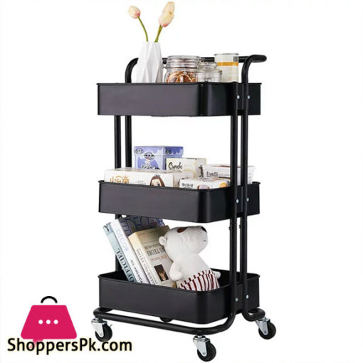 3-Tier Metal Storage Rolling Cart with Utility Handle Kitchen Carts On Wheels 360-Degree Rotation Trolley Cart, Shelving Unit for Garage Kitchen Bathroom Bedroom Office,