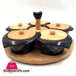 5 Pcs Marble Texture Condiment Pots with Bamboo Spice Jar Stand