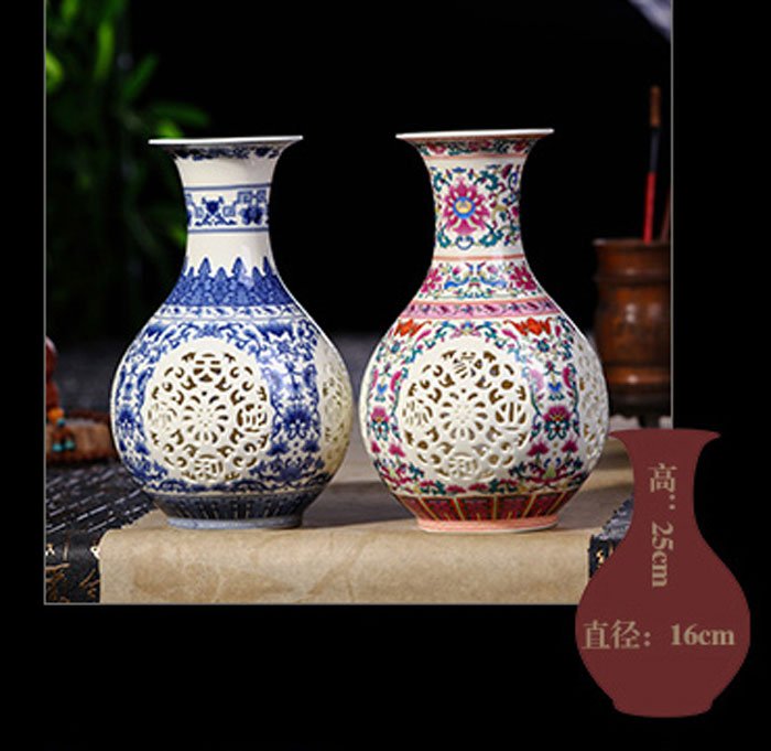 Antique Chinese Hand Hollowed Home Decoration Ceramic Vases 10 Inch Height