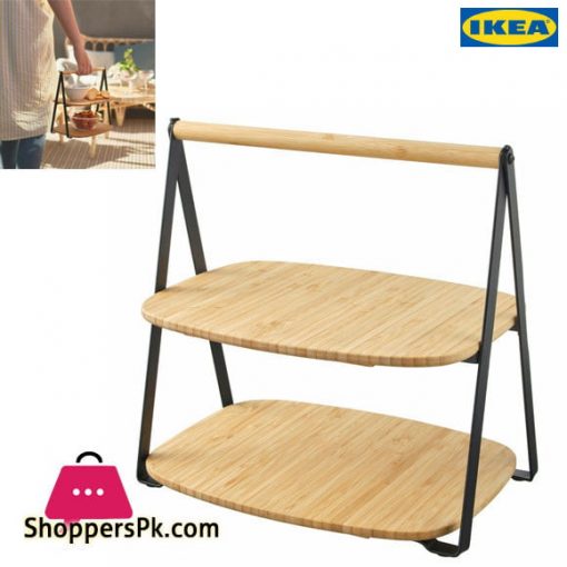 Ikea FULLSPACKAD Serving Tray 2-Level Snacks/Appetizers Bamboo, Black Steel NEW