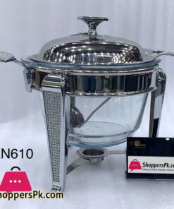 Inox Stainless Steel Round Food Warmer 4 Liter with Ladle Glass Casserole with Candle Warmer KN610