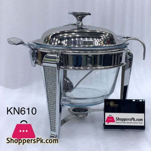 Inox Stainless Steel Round Food Warmer 4 Liter with Ladle Glass Casserole with Candle Warmer KN610