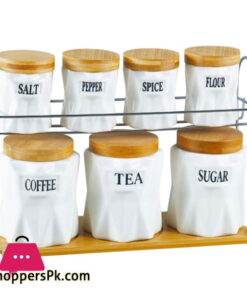 Kitchen Storage 7 Pcs Sugar Tea Coffee Ceramic Canisters Jar Set with Wooden Lid