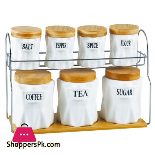 Kitchen Storage 7 Pcs Sugar Tea Coffee Ceramic Canisters Jar Set with Wooden Lid